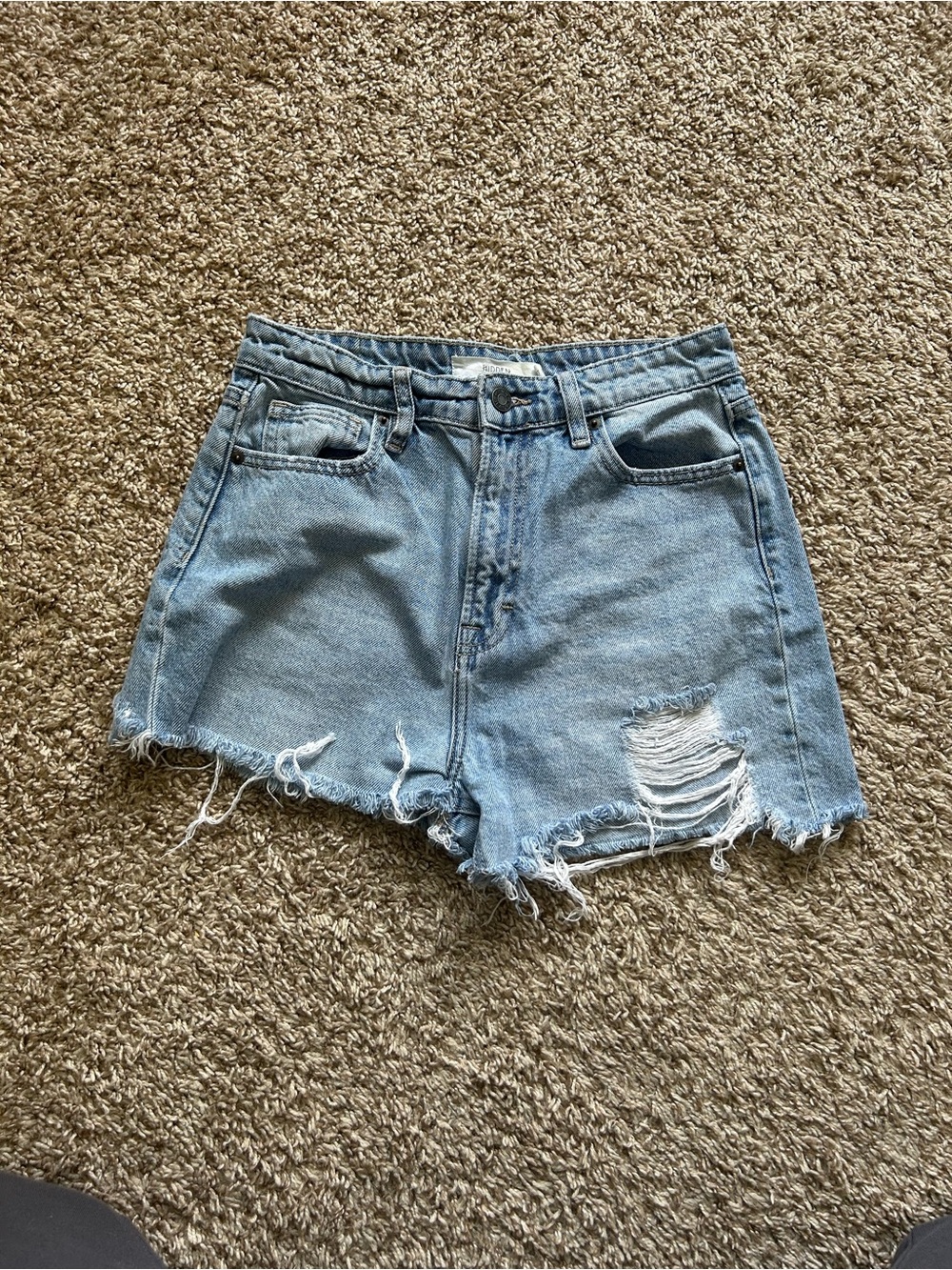 High-Rise Light Blue Distressed Denim Shorts